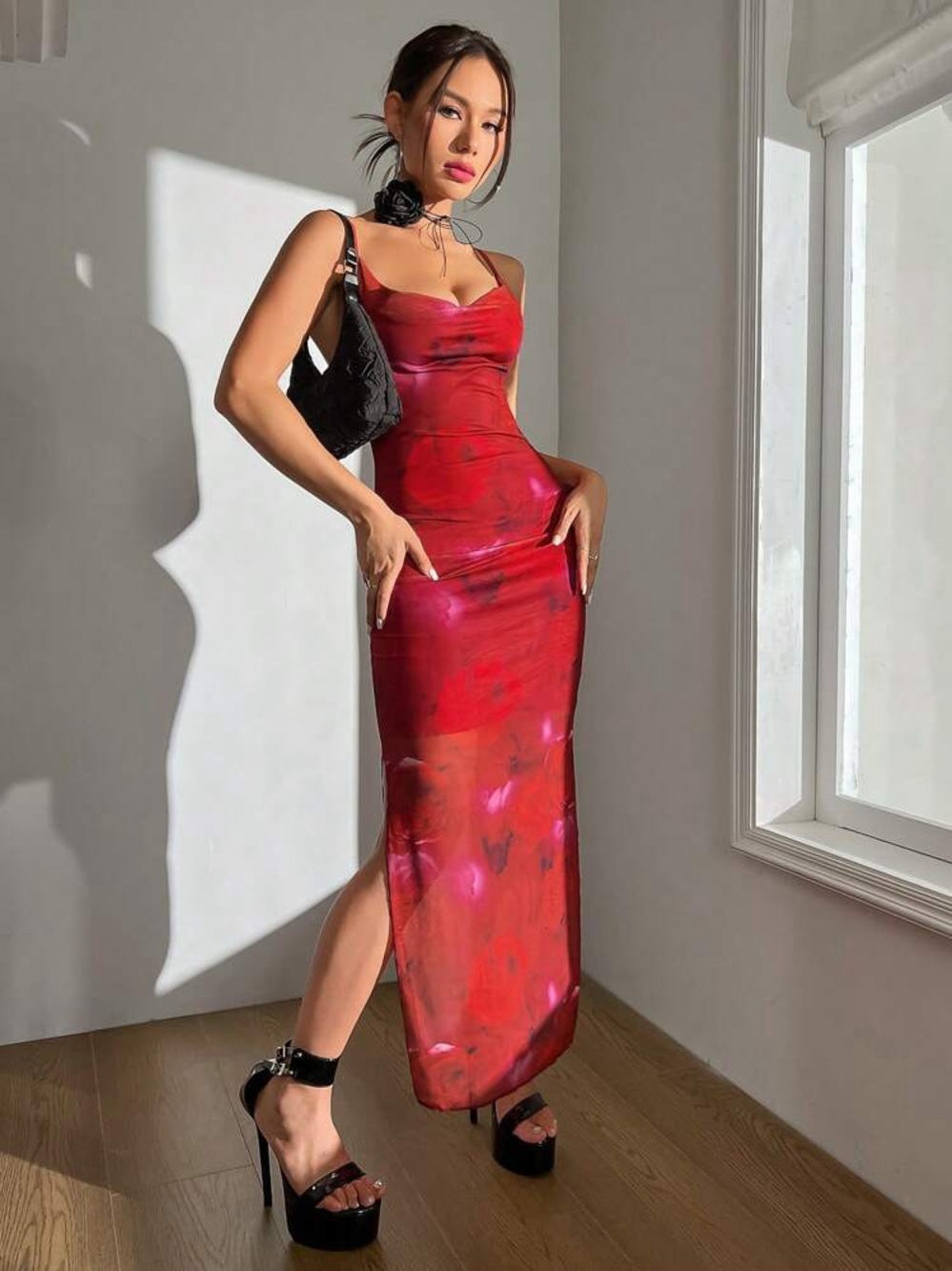 SHEIN ICON Red Tie Dye Split Thigh Mesh Cami Long Dress
